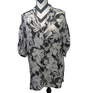 Tommy Bahama Black White Floral Blouse Small S Silk Cotton Sheer Tunic Top
